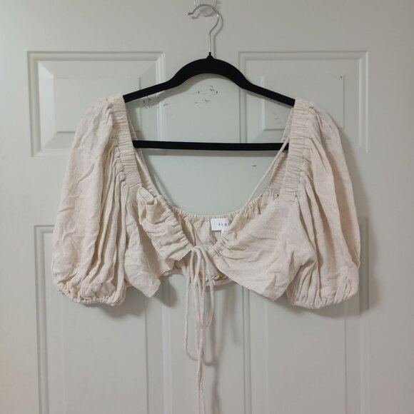Mable Cream Puff Sleeve Crop Top Mable Linen Blend Blouse Womens - Picture 1 of 9